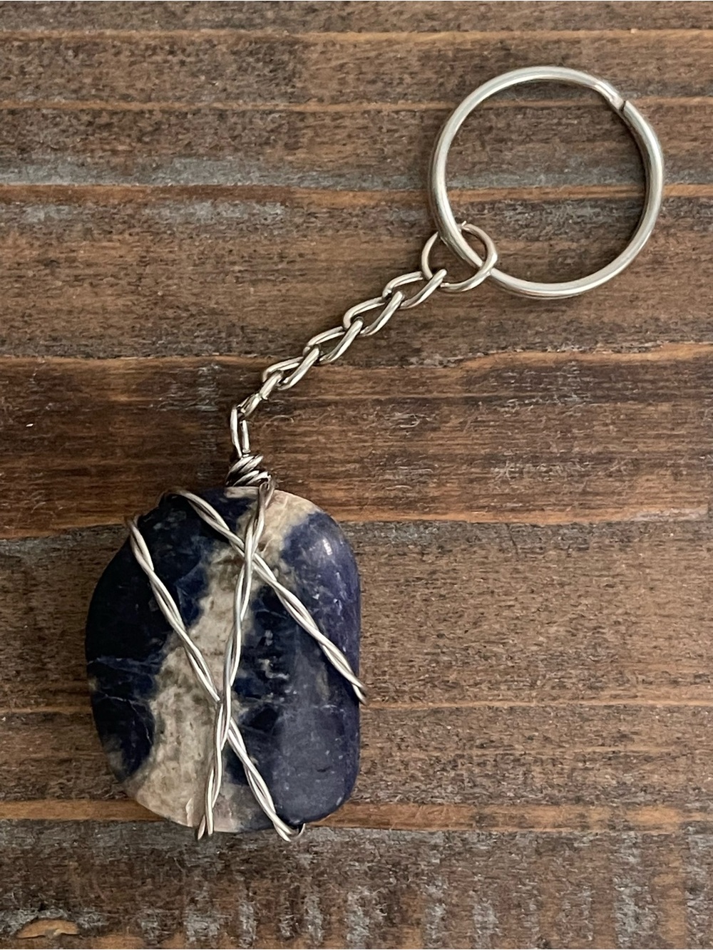 Blue Sodalite Keychain with Silver Stainless Steel Wire Wrap